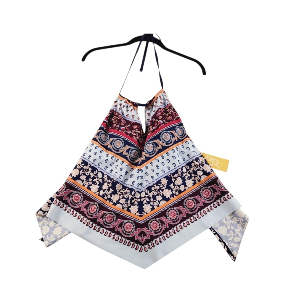 Kona Sol Womens S Boho Handkerchief Hem Paisley Floral Halter Tankini Swim Top